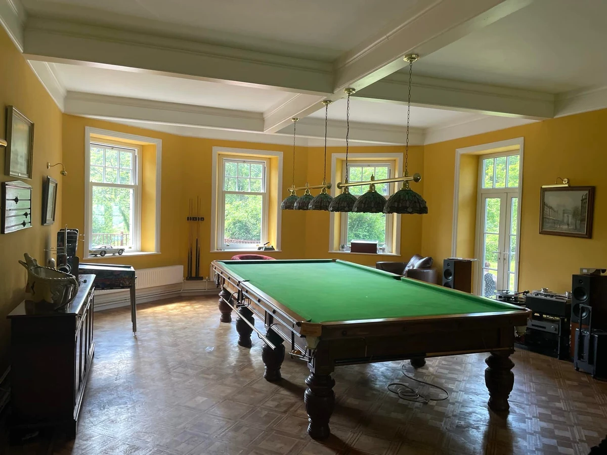 commercial-interior-pool-room-yellow-painted-walls-swansea-daffodil-decor-1 Club room with yellow painted walls, white ceiling and a snooker table