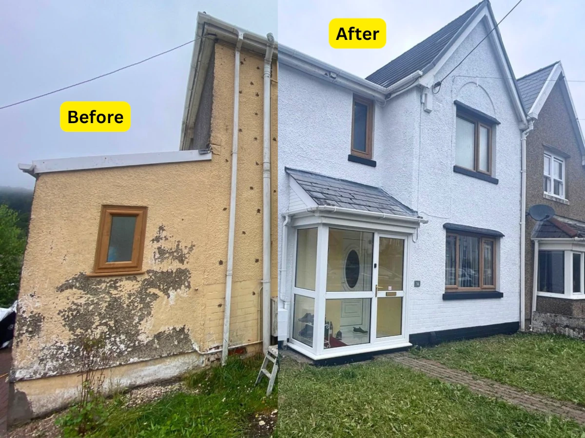 Before and after: pebbledash house exterior repainted white in Swansea by Daffodil Decor